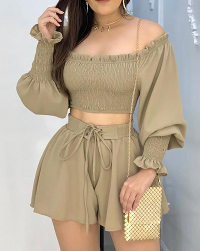Set de piese de cârlig sexy pentru femei ținută 2023, ocazional de vară, cu umăr, cu mânecă lungă, crop top cu șort, cu pantaloni scurți.