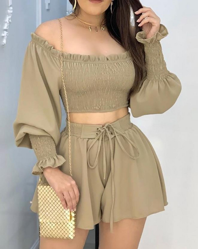 Set de piese de cârlig sexy pentru femei ținută 2023, ocazional de vară, cu umăr, cu mânecă lungă, crop top cu șort, cu pantaloni scurți.