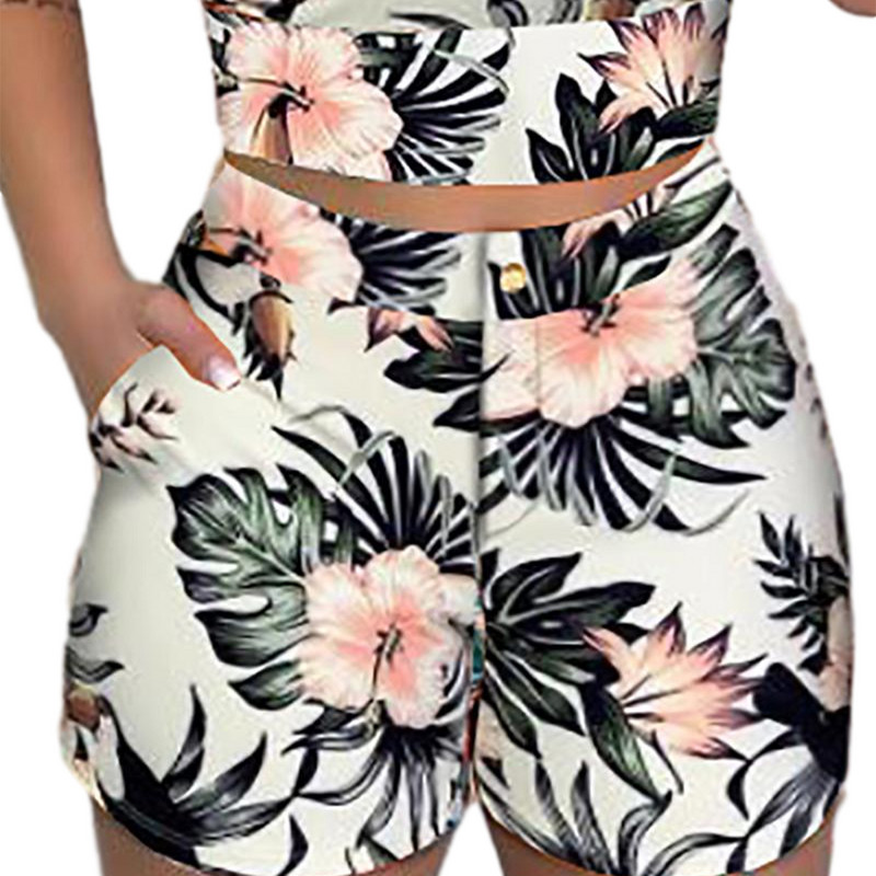 Moda femei pantaloni scurți costume 2 piese set vară birou damă curea florală tank crop top + talie înaltă buton pantaloni scurți ținute feminine