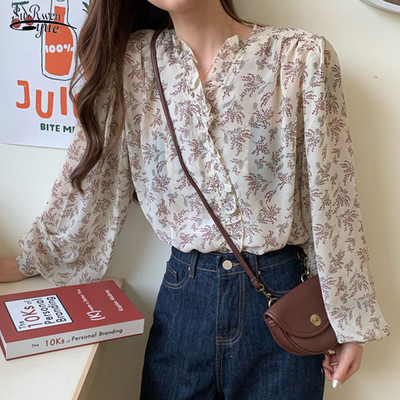 2021 Nyomtatott hosszú ujjú női felsők V-nyakú őszi sifon blúz Blusa alkalmi női ing Bő kardigán Chic Chemisier Femme