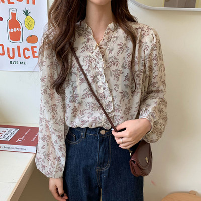 2021 Дамски топове с принт с дълъг ръкав, есенна шифонена блуза с V-образно деколте Blusa Ежедневна дамска риза Свободна жилетка Chic Chemisier Femme