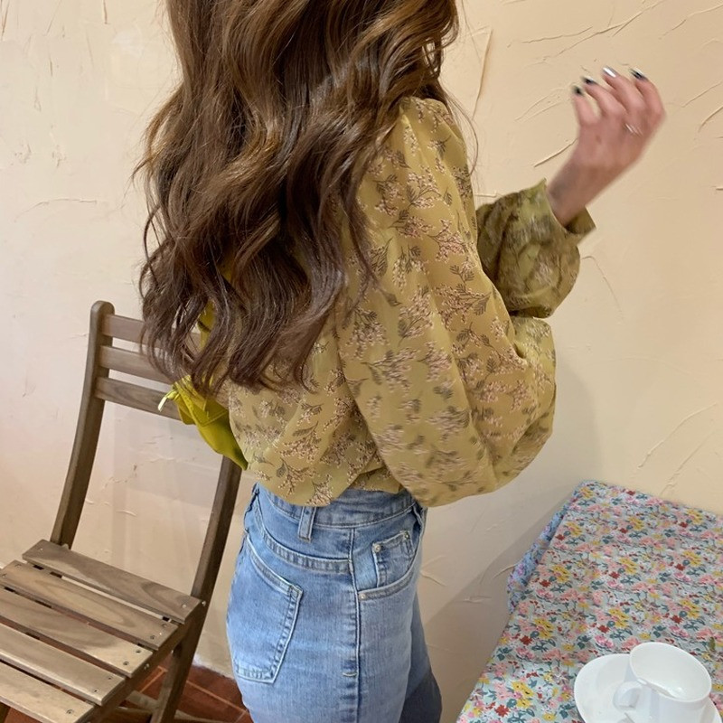 2021 Дамски топове с принт с дълъг ръкав, есенна шифонена блуза с V-образно деколте Blusa Ежедневна дамска риза Свободна жилетка Chic Chemisier Femme