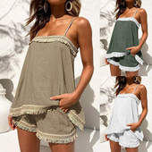 Letné 2-dielne súpravy, dámske sexy jednofarebné boho šortky so strapcami, dámske plážové outfity s topom a strapcami