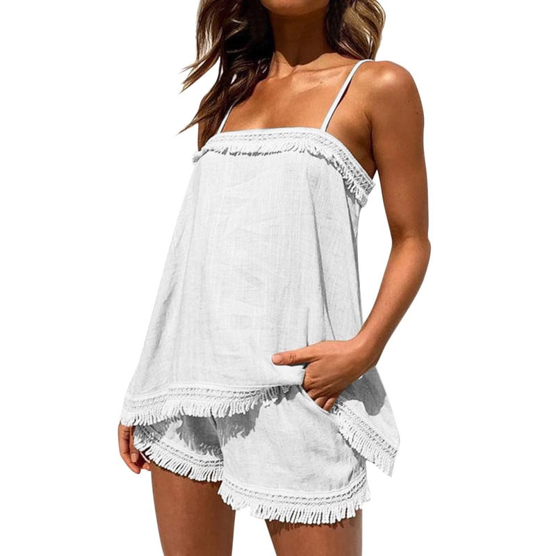 Letné 2-dielne súpravy, dámske sexy jednofarebné boho šortky so strapcami, dámske plážové outfity s topom a strapcami
