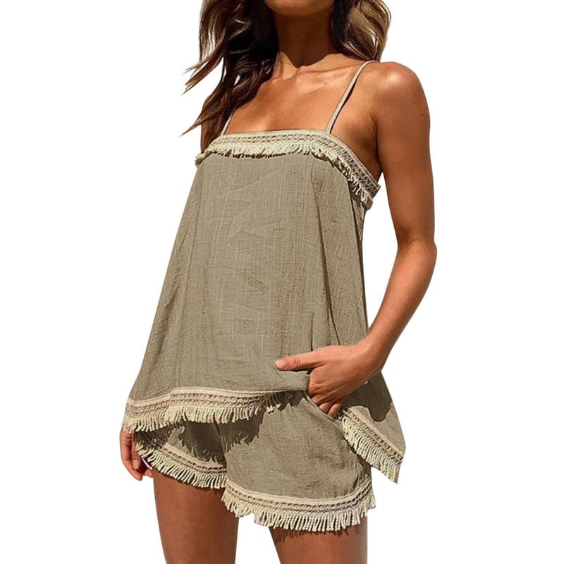 Letné 2-dielne súpravy, dámske sexy jednofarebné boho šortky so strapcami, dámske plážové outfity s topom a strapcami