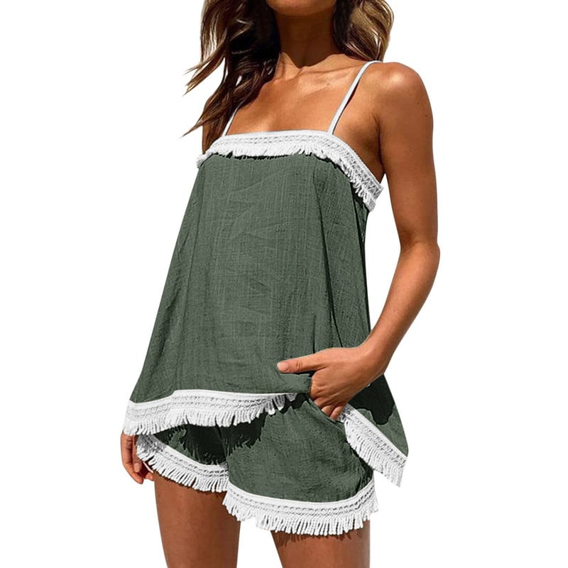 Letné 2-dielne súpravy, dámske sexy jednofarebné boho šortky so strapcami, dámske plážové outfity s topom a strapcami