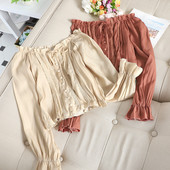 Γυναικείο μανίκι Flare Slash λαιμόκοψη Basic Lace Flower Ruffles Πουκάμισο Vintage Κοντό ελαστικό λεπτό μπλουζάκι με κουμπιά ζακέτα ψηλόμεση