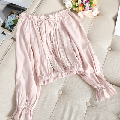 Γυναικείο μανίκι Flare Slash λαιμόκοψη Basic Lace Flower Ruffles Πουκάμισο Vintage Κοντό ελαστικό λεπτό μπλουζάκι με κουμπιά ζακέτα ψηλόμεση