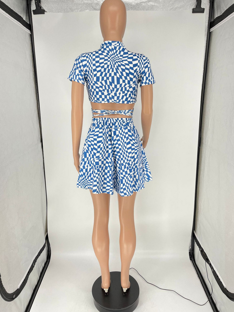 CM.YAYA Κομψό καρό γυναικείο σετ με κορδόνι Crop top και flare πλισέ σορτς Αθλητική φόρμα παραλίας δύο 2 τεμαχίων σετ γυμναστικής