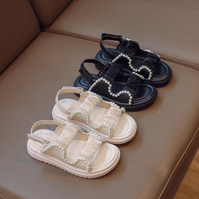 Girl`s Sandals Chiffon Pearl Beautiful Sweet Summer Children Sliders Black Beige Elegant Flexiable Soft 26-36 Kids Shoes G04303