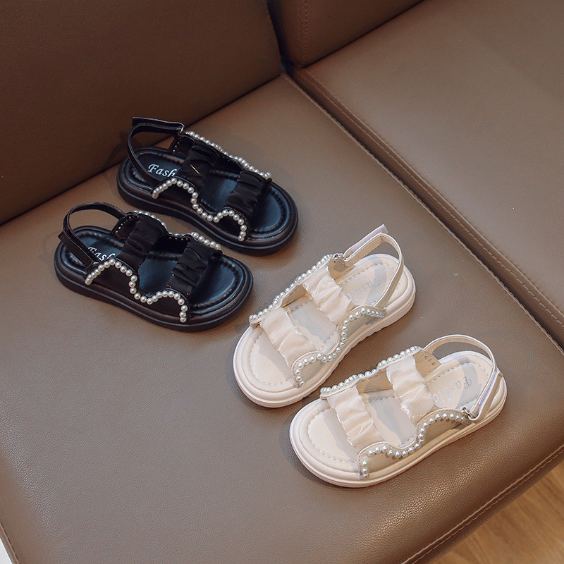 Κοριτσίστικα σανδάλια σιφόν μαργαριτάρι Όμορφα γλυκά καλοκαιρινά παιδικά συρόμενα μαύρα μπεζ Κομψά εύκαμπτα μαλακά παιδικά παπούτσια 26-36 G04303