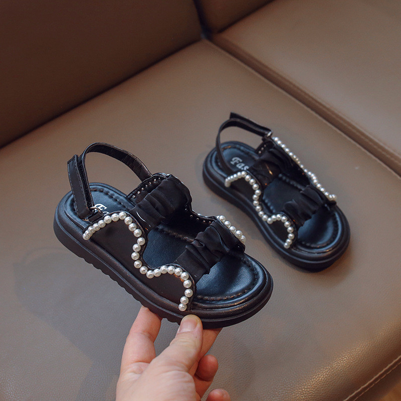 Κοριτσίστικα σανδάλια σιφόν μαργαριτάρι Όμορφα γλυκά καλοκαιρινά παιδικά συρόμενα μαύρα μπεζ Κομψά εύκαμπτα μαλακά παιδικά παπούτσια 26-36 G04303