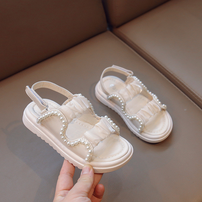 Κοριτσίστικα σανδάλια σιφόν μαργαριτάρι Όμορφα γλυκά καλοκαιρινά παιδικά συρόμενα μαύρα μπεζ Κομψά εύκαμπτα μαλακά παιδικά παπούτσια 26-36 G04303