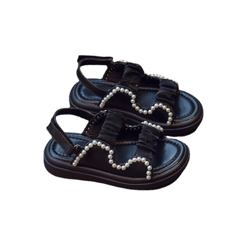 Κοριτσίστικα σανδάλια σιφόν μαργαριτάρι Όμορφα γλυκά καλοκαιρινά παιδικά συρόμενα μαύρα μπεζ Κομψά εύκαμπτα μαλακά παιδικά παπούτσια 26-36 G04303