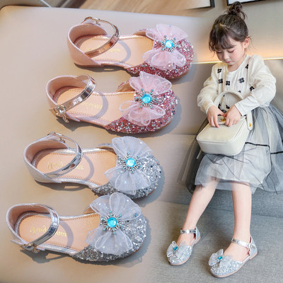 Ярко кристални обувки за малко момиче Сандали Дантелени панделки Вечерни обувки за парти Момичета Розови сребърни пайети Детски обувки G03125