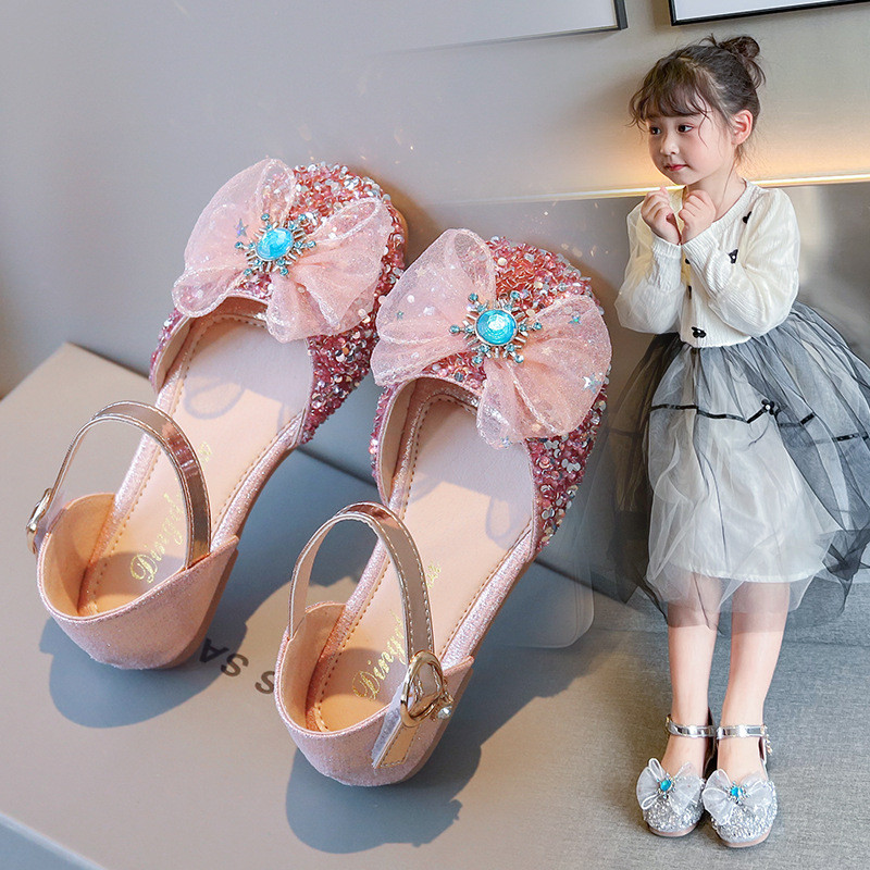 Λαμπερά Κρυστάλλινα Παπούτσια για κοριτσάκια Σανδάλια Δαντέλα Κορδέλες Βραδινό πάρτι Παπούτσια για κορίτσια Ροζ ασημί παγιέτες Παιδικά υποδήματα G03125