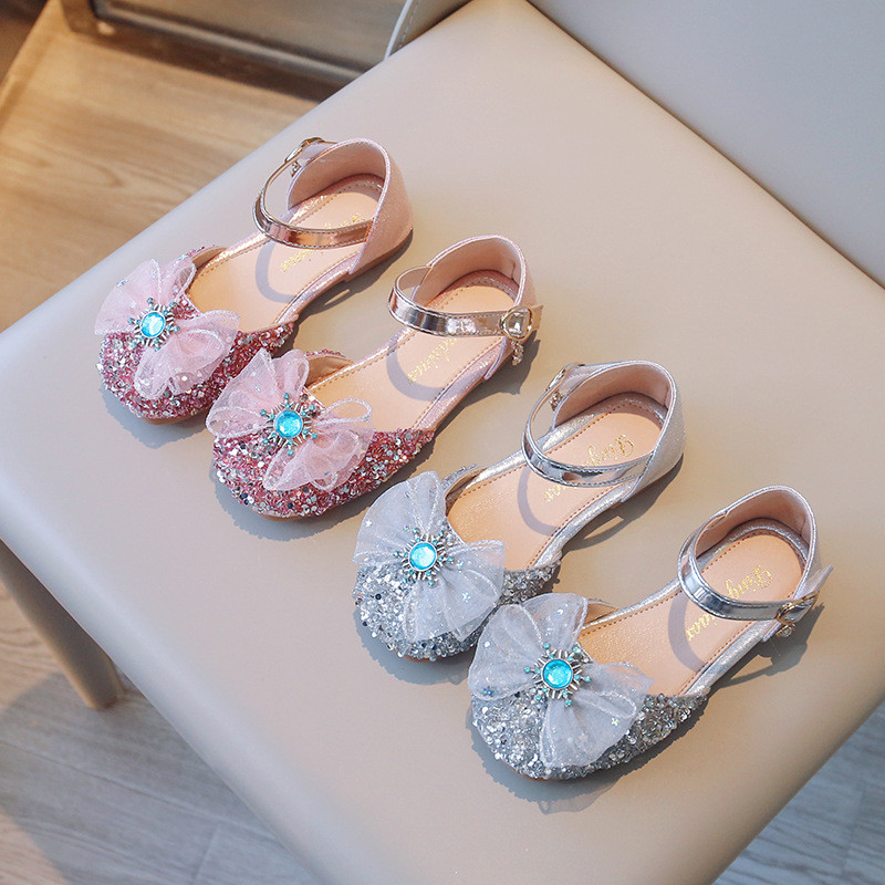 Λαμπερά Κρυστάλλινα Παπούτσια για κοριτσάκια Σανδάλια Δαντέλα Κορδέλες Βραδινό πάρτι Παπούτσια για κορίτσια Ροζ ασημί παγιέτες Παιδικά υποδήματα G03125