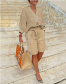 2023 m. vasaros europietiškas ir amerikietiškas naujas medvilninis ir lininis moteriškas laisvalaikio kostiumas Moteriškas laisvas dviejų dalių komplektas moterims