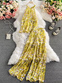 Moda de vară, temperament, cămașă din șifon, cu umeri, bluză pentru femei, pantaloni din două piese cu talie înaltă, costum cu pantaloni largi UK674