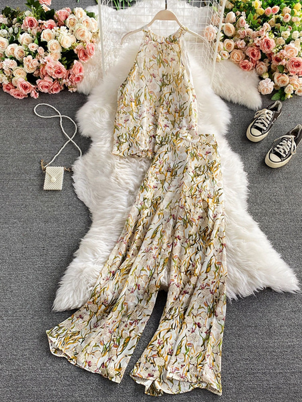Moda de vară, temperament, cămașă din șifon, cu umeri, bluză pentru femei, pantaloni din două piese cu talie înaltă, costum cu pantaloni largi UK674