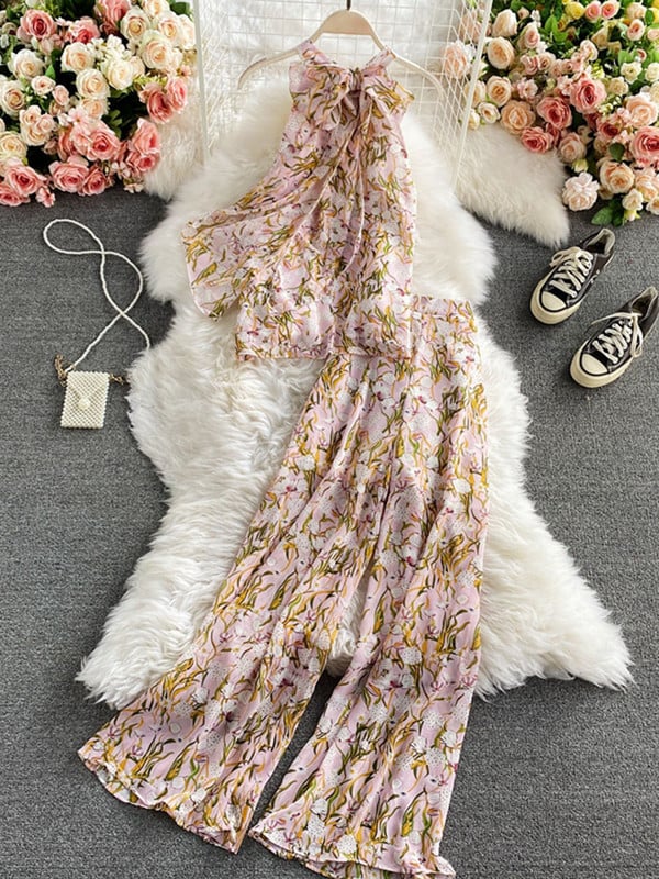 Moda de vară, temperament, cămașă din șifon, cu umeri, bluză pentru femei, pantaloni din două piese cu talie înaltă, costum cu pantaloni largi UK674