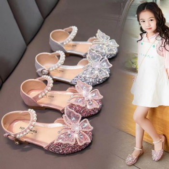 Нови летни сандали за момичета Модни пайети Обувки за принцеси с панделка за момичета Обувки за момиченца Сандали с плосък ток Размер 21-35