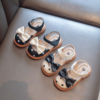 Бебешки сандали за момичета Детски кожени летни обувки, покрити с пръсти Малки деца Прохождащи деца Плажни сандали на точки с папийонка Принцеса Сладка