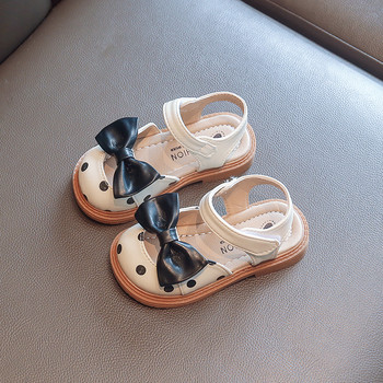 Бебешки сандали за момичета Детски кожени летни обувки, покрити с пръсти Малки деца Прохождащи деца Плажни сандали на точки с папийонка Принцеса Сладка