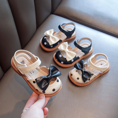Baby Girl Sandals Kids Leather Summer Shoes Toe-covered Little Children Toddlers Beach Sandals Dots with Bowtie Princess Cute