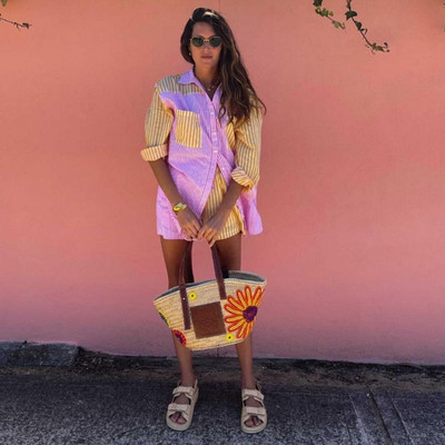 Καλοκαιρινή αθλητική φόρμα High street Γυναικεία σορτς Σετ ριγέ μακρυμάνικο ρετρό μπλουζάκια Μίνι ψηλόμεσο σετ δύο τεμαχίων