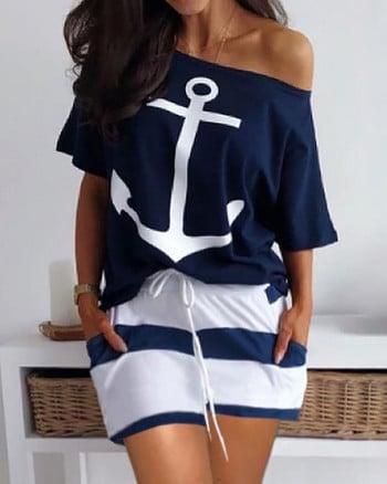 Boat Anchor Print Top & ριγέ στάμπα με κορδόνια σορτς Casual Σετ Καλοκαιρινής Ευρωπαϊκής & Αμερικάνικης γυναικείας μόδας σετ δύο τεμαχίων