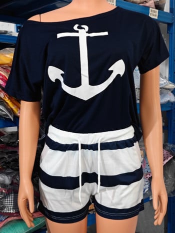 Boat Anchor Print Top & ριγέ στάμπα με κορδόνια σορτς Casual Σετ Καλοκαιρινής Ευρωπαϊκής & Αμερικάνικης γυναικείας μόδας σετ δύο τεμαχίων