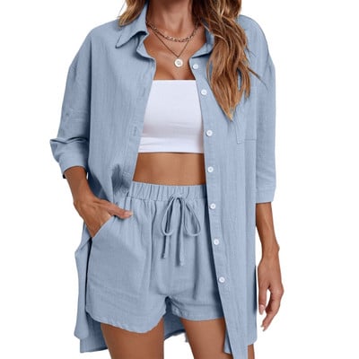 Masszív, laza irodai szett, női, alkalmi, 2 részes készletek, divatos női hajtóka, egysoros, 3/4 ujjú ing és húzózsinóros rövid öltöny