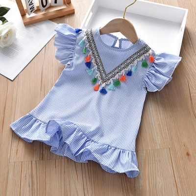 2022 Νέα καλοκαιρινή φούντα κοριτσιών με ριγέ πριγκίπισσα Παιδικά φορέματα κοριτσιών με κοντομάνικα λουλούδια Κορεάτικη μόδα βρεφική στολή