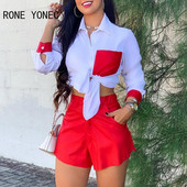 Set două piese pentru femei Colorblock cravată în față Set cămașă top și pantaloni scurți Costum de vară