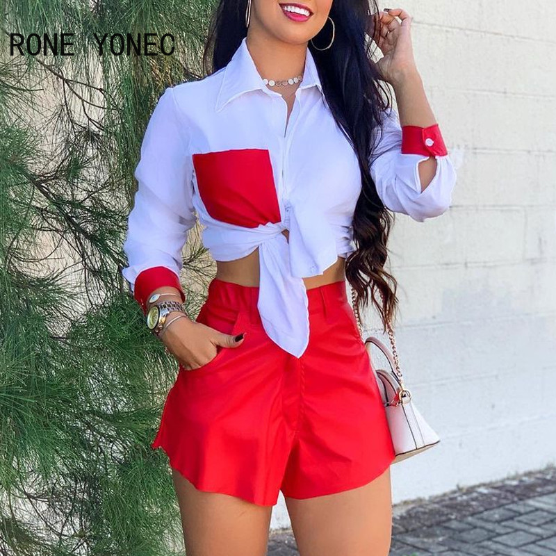 Set două piese pentru femei Colorblock cravată în față Set cămașă top și pantaloni scurți Costum de vară