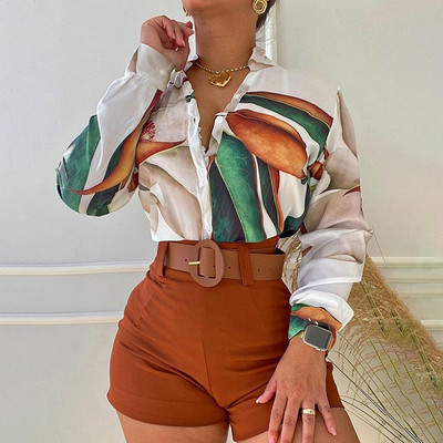 HOUZHOU Elegant Outfit Naiste pikkade varrukatega lilledega trükitud lipsusõlmega pluusi ja lühikeste pükste komplektid Y2K vabaaja särgid Naiste tänavarõivad