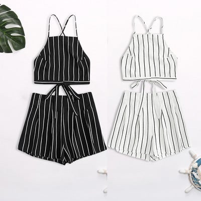 Seturi de 2 bucăți 2021, de vară, pentru femei, cămăși fără mâneci, cu șalter, cu dungi cu imprimeu, pentru femei, crop tops și pantaloni scurți костюм женский летний