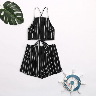 Seturi de 2 bucăți 2021, de vară, pentru femei, cămăși fără mâneci, cu șalter, cu dungi cu imprimeu, pentru femei, crop tops și pantaloni scurți костюм женский летний