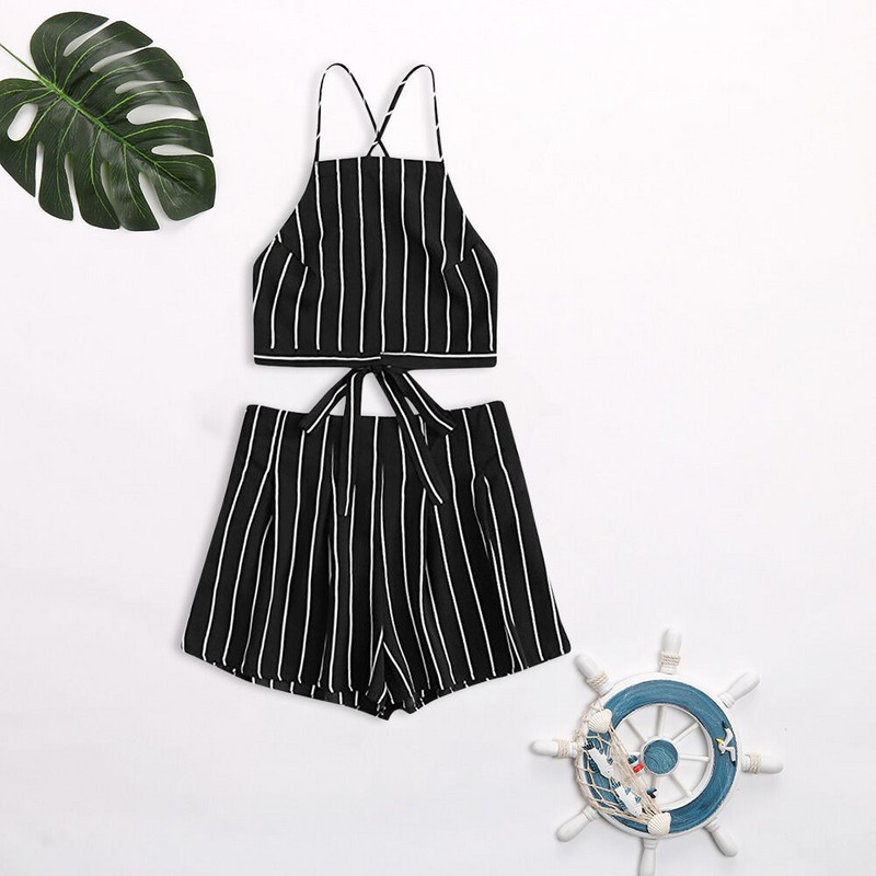Seturi de 2 bucăți 2021, de vară, pentru femei, cămăși fără mâneci, cu șalter, cu dungi cu imprimeu, pentru femei, crop tops și pantaloni scurți костюм женский летний