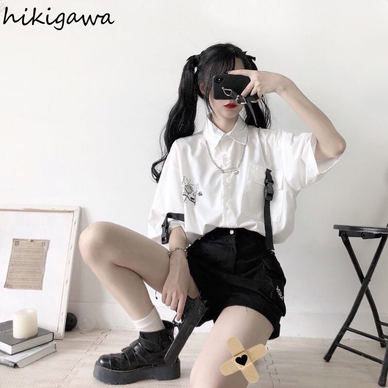 Japanski dvodijelni set za žene kratkih rukava Bijela košulja Široki kombinezoni Kratko odijelo Roupas Femme Modni ljetni Y2k kompleti