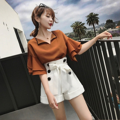 Ženski kompleti, dvodijelni, šifon s V-izrezom, široki rukavi, dugmad na vezanje, visoki struk, ležerni, elegantni, uredski, ženski, elegantni, jednostavni, moderni