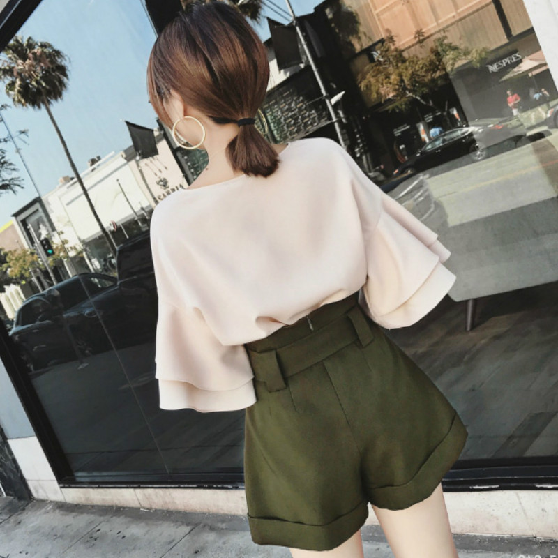 Ženski kompleti, dvodijelni, šifon s V-izrezom, široki rukavi, dugmad na vezanje, visoki struk, ležerni, elegantni, uredski, ženski, elegantni, jednostavni, moderni