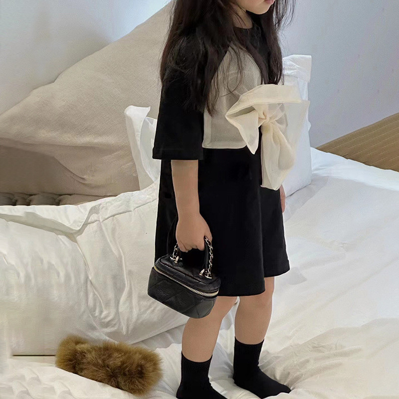 Rochie de vară în stil coreean pentru fetiță, mâneci scurte, tricou lung negru, guler rotund, rochie de prințesă, îmbrăcăminte pentru copii E2205
