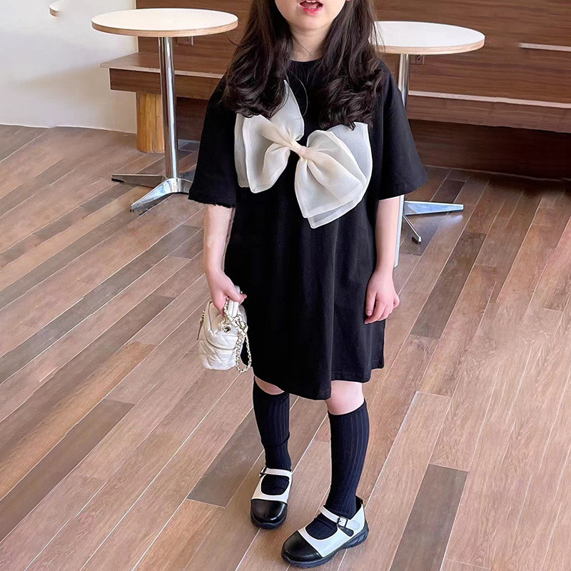 Rochie de vară în stil coreean pentru fetiță, mâneci scurte, tricou lung negru, guler rotund, rochie de prințesă, îmbrăcăminte pentru copii E2205