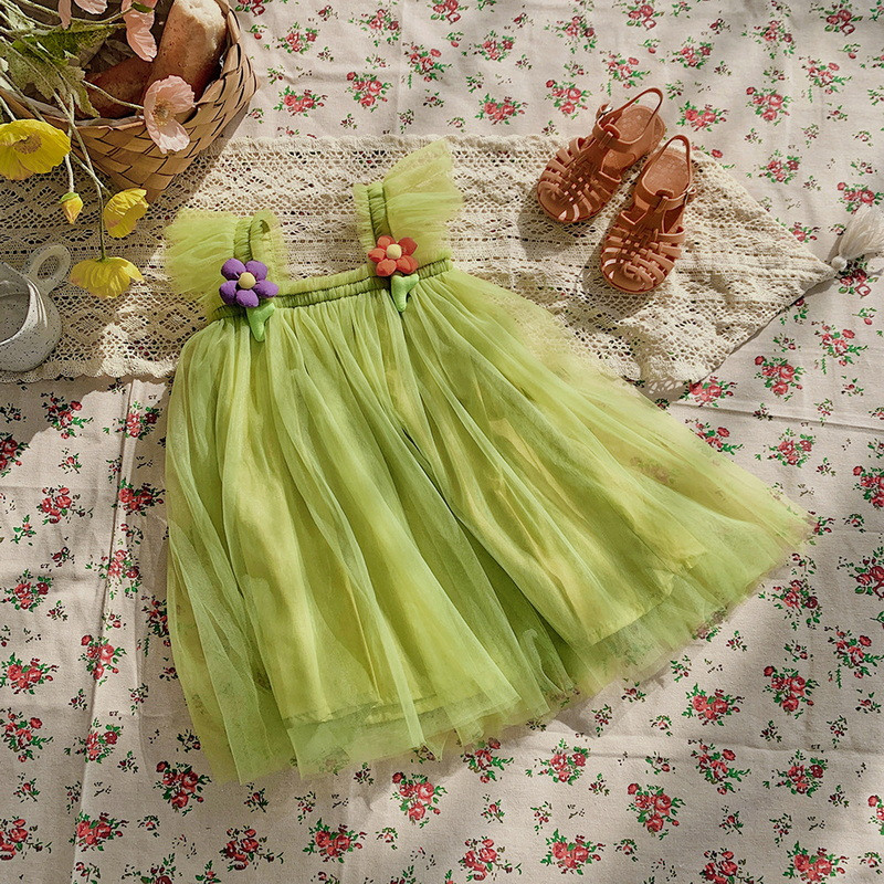 Rochie nouă de vară pentru fetiță, roz avocado, verde, albastru, șampanie, mâneci evazate, rochie prințesă din plasă, haine pentru copii E21261