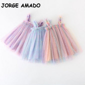 Új nyári ruha kislánynak, szivárvány négyzet alakú gallér, ujjatlan, csillagos égbolt hálós hercegnő ruha, gyerekruha E10258