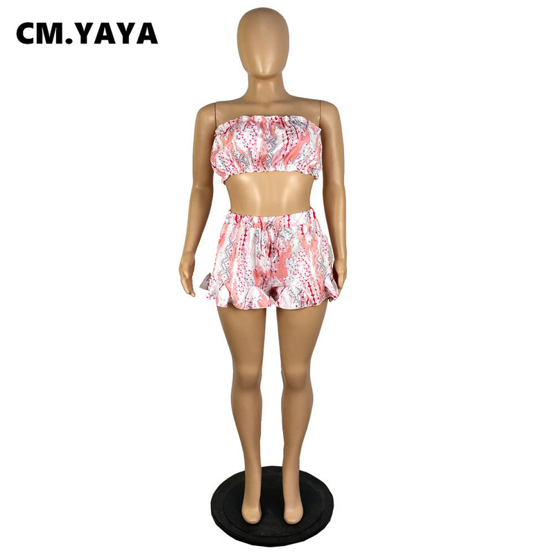 CM.YAYA Set Stradă Boho Geometric pentru Damă Crop Top fără bretele și Pantaloni scurți cu volane Costum 2023 INS Set 2 2 piese ținută Trening