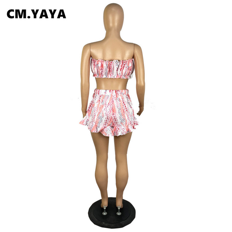 CM.YAYA Set Stradă Boho Geometric pentru Damă Crop Top fără bretele și Pantaloni scurți cu volane Costum 2023 INS Set 2 2 piese ținută Trening