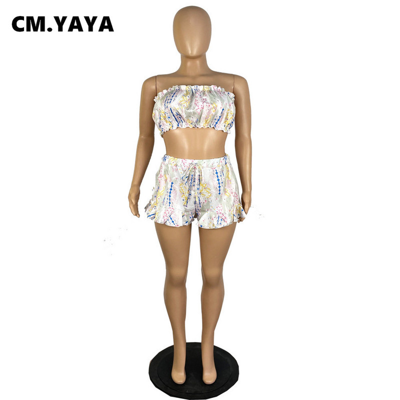CM.YAYA Set Stradă Boho Geometric pentru Damă Crop Top fără bretele și Pantaloni scurți cu volane Costum 2023 INS Set 2 2 piese ținută Trening